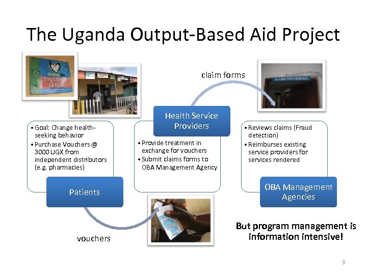 The Uganda Output-Based Aid Project claim forms • Goal: Change healthseeking behavior • Purchase