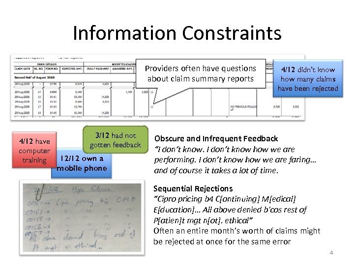 Information Constraints Providers often have questions about claim summary reports 4/12 have computer training