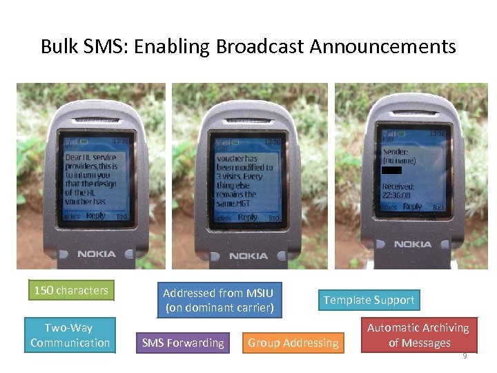 Bulk SMS: Enabling Broadcast Announcements 150 characters Two-Way Communication Addressed from MSIU (on dominant