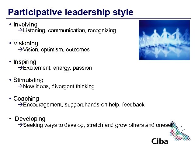 Participative leadership style • Involving àListening, communication, recognizing • Visioning àVision, optimism, outcomes •