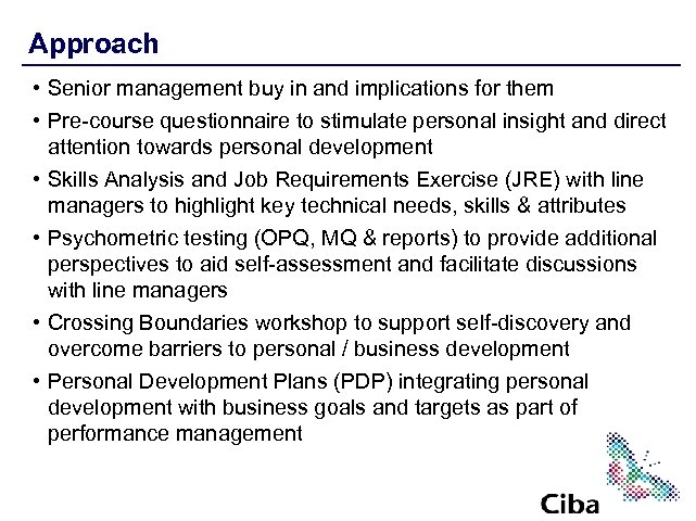Approach • Senior management buy in and implications for them • Pre-course questionnaire to