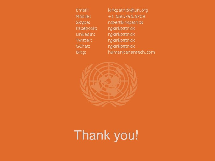Email: Mobile: Skype: Facebook: Linked. In: Twitter: GChat: Blog: kirkpatrick@un. org +1 650. 796.