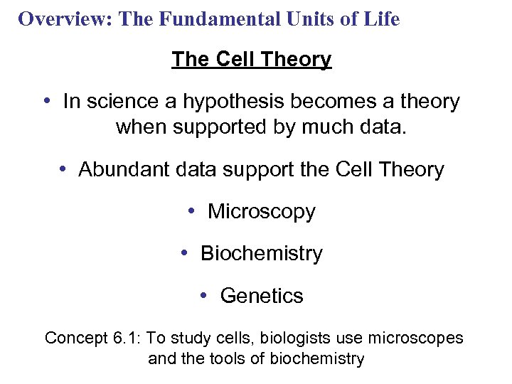 Overview: The Fundamental Units of Life The Cell Theory • In science a hypothesis