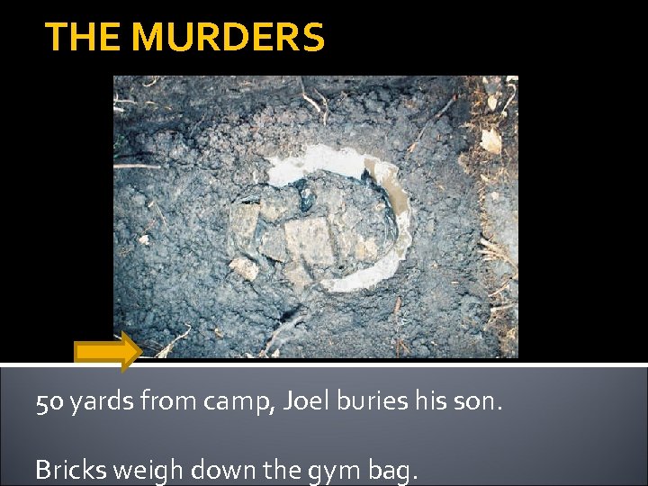 THE MURDERS 50 yards from camp, Joel buries his son. Bricks weigh down the