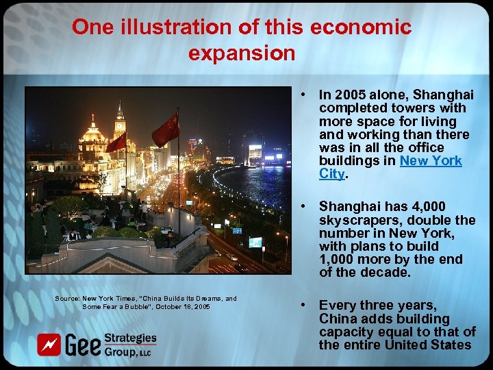 One illustration of this economic expansion • In 2005 alone, Shanghai completed towers with