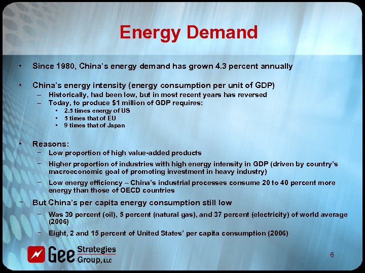Energy Demand • Since 1980, China’s energy demand has grown 4. 3 percent annually