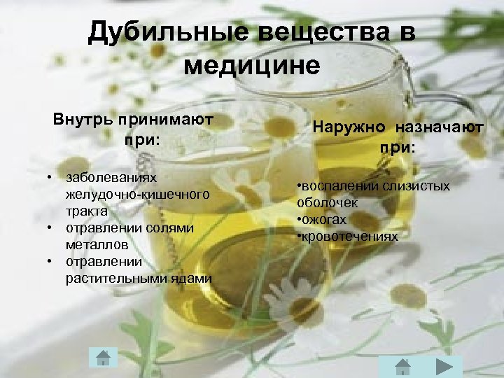 Дубильные вещества в медицине Внутрь принимают при: • заболеваниях желудочно кишечного тракта • отравлении