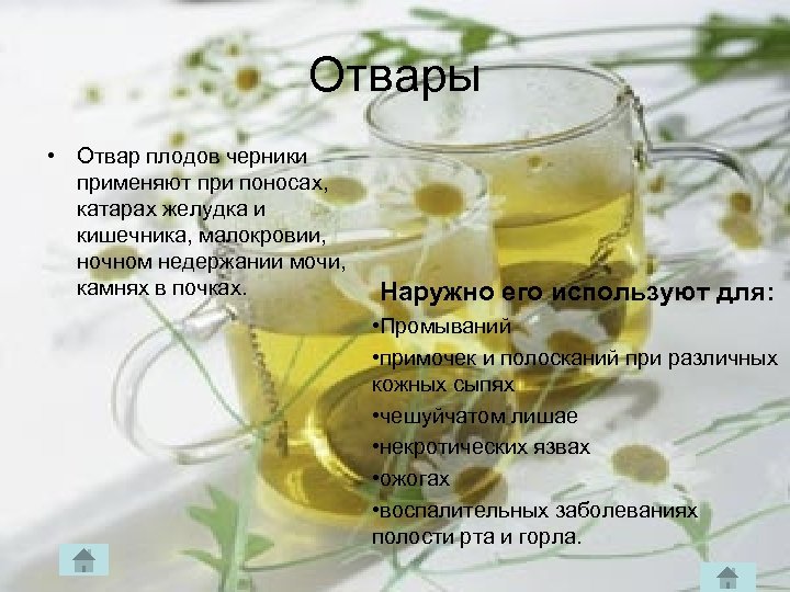 Отвары • Отвар плодов черники применяют при поносах, катарах желудка и кишечника, малокровии, ночном