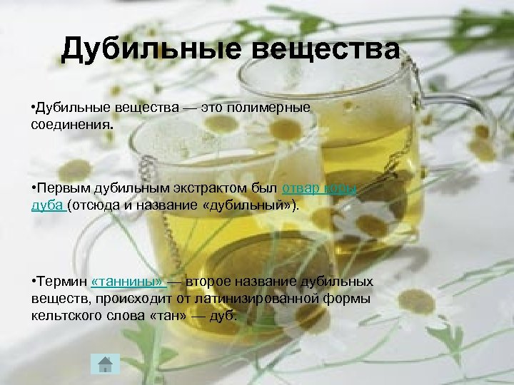 Дубильные вещества • Дубильные вещества — это полимерные соединения. • Первым дубильным экстрактом был