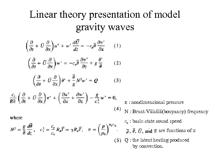 Linear theory presentation of model gravity waves π : nondimensional pressure N : Brunt-Väisälä(bouyancy)