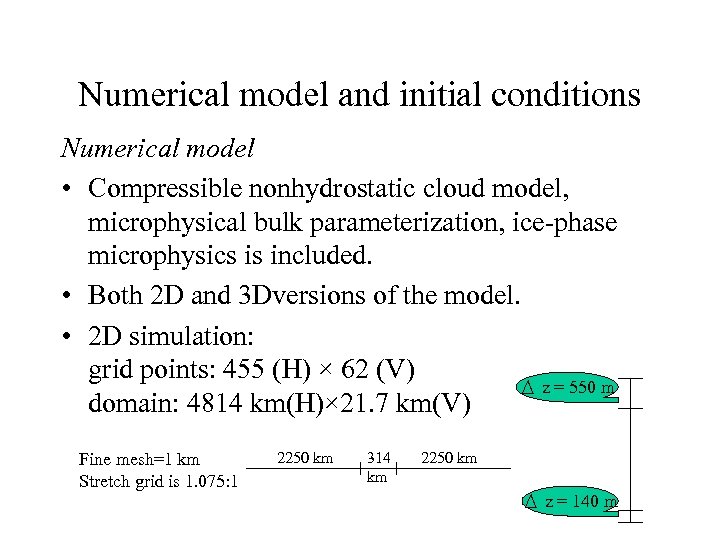 Numerical model and initial conditions Numerical model • Compressible nonhydrostatic cloud model, microphysical bulk