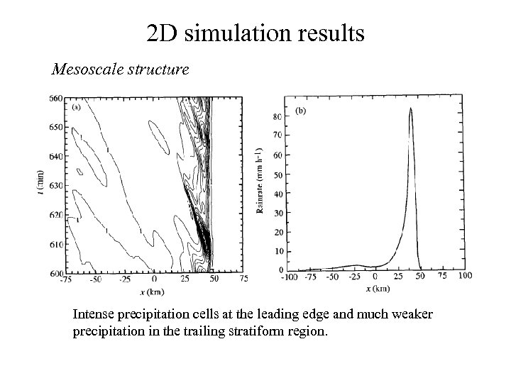 2 D simulation results Mesoscale structure Intense precipitation cells at the leading edge and