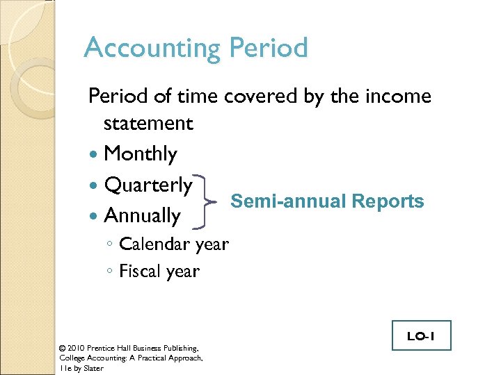 Accounting Period of time covered by the income statement Monthly Quarterly Semi-annual Reports Annually