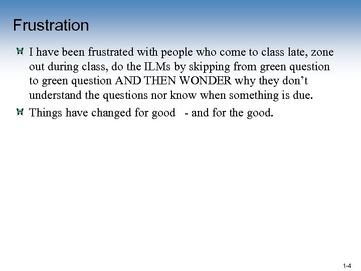 Frustration I have been frustrated with people who come to class late, zone out