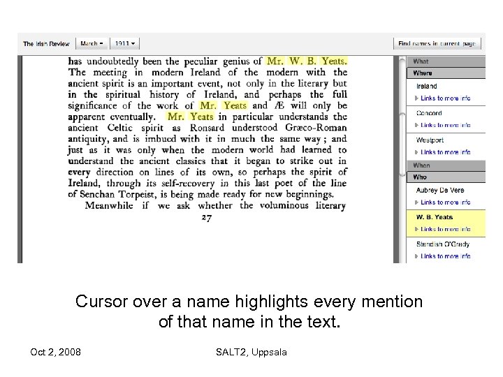 Cursor over a name highlights every mention of that name in the text. Oct