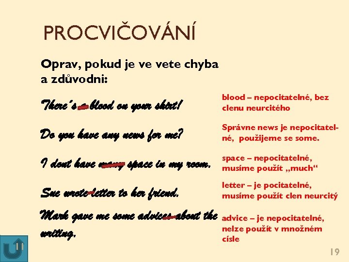 PROCVIČOVÁNÍ Oprav, pokud je ve větě chyba a zdůvodni: There´s a blood on your
