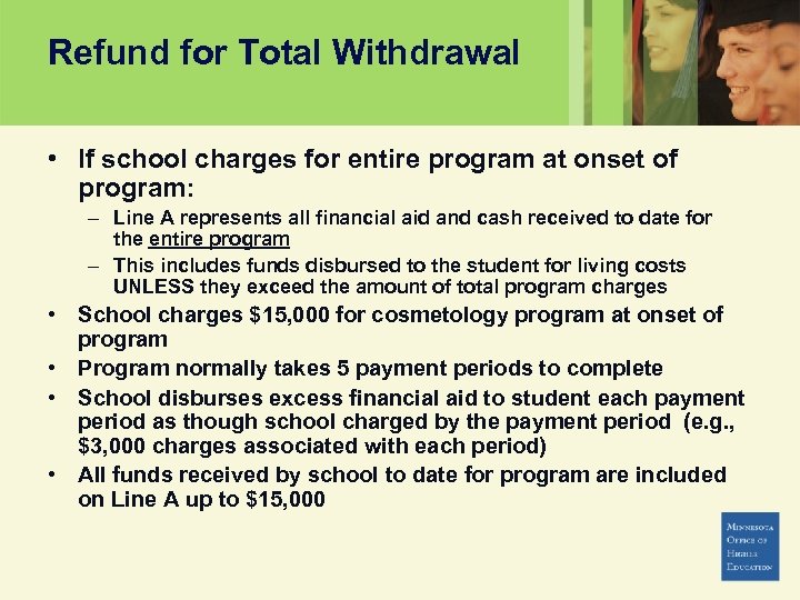 Refund for Total Withdrawal • If school charges for entire program at onset of