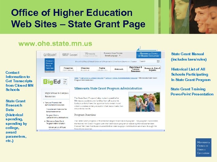 Office of Higher Education Web Sites – State Grant Page www. ohe. state. mn.