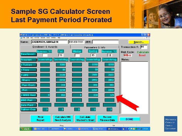 Sample SG Calculator Screen Last Payment Period Prorated 