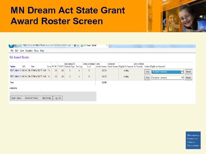 MN Dream Act State Grant Award Roster Screen 