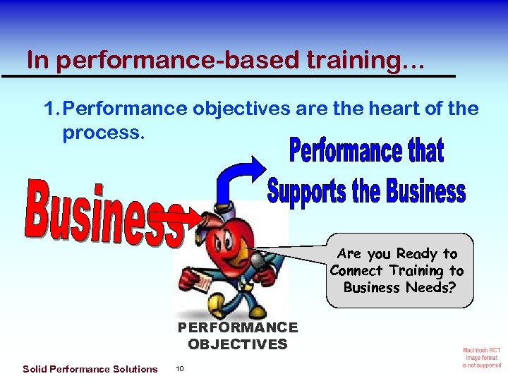 In performance-based training. . . 1. Performance objectives are the heart of the process.