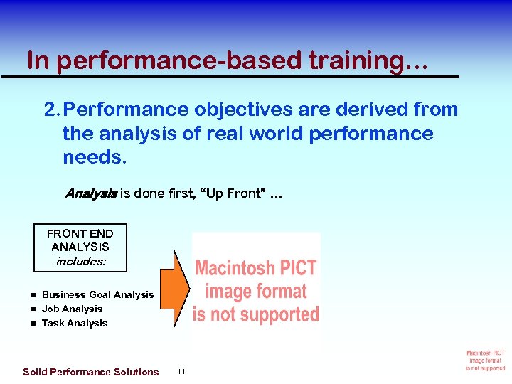 In performance-based training. . . 2. Performance objectives are derived from the analysis of