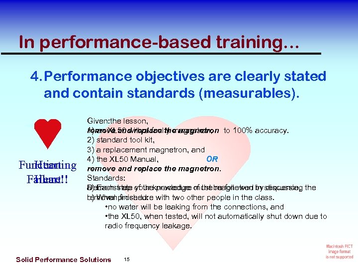 In performance-based training. . . 4. Performance objectives are clearly stated and contain standards