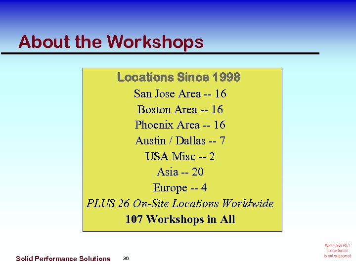 About the Workshops Locations Since 1998 San Jose Area -- 16 Boston Area --