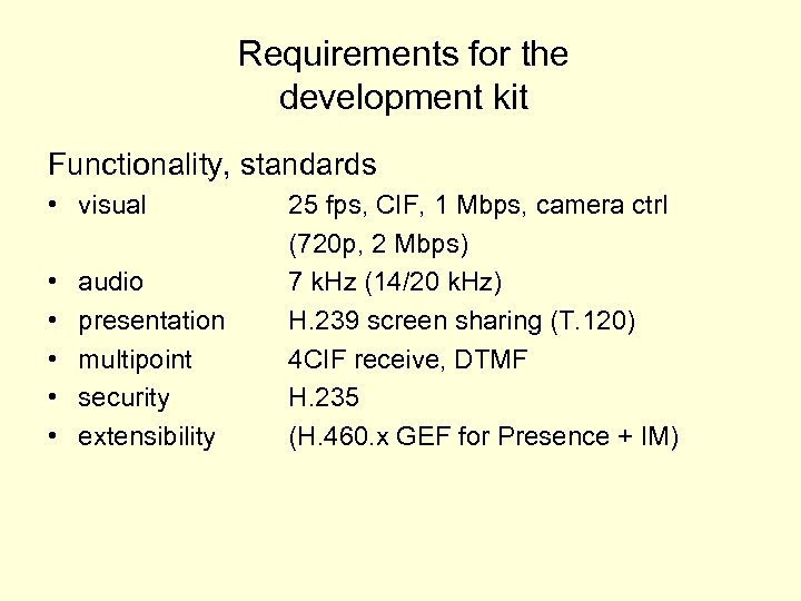 Requirements for the development kit Functionality, standards • visual • • • audio presentation