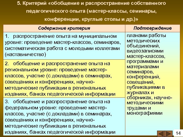5. Критерий «обобщение и распространение собственного педагогического опыта (мастер-классы, семинары, конференции, круглые столы и