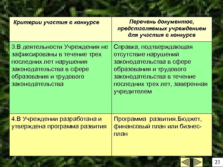 Критерии участия в конкурсе Перечень документов, представляемых учреждением для участия в конкурсе 3. В