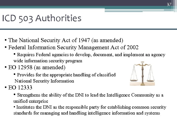 37 ICD 503 Authorities • The National Security Act of 1947 (as amended) •