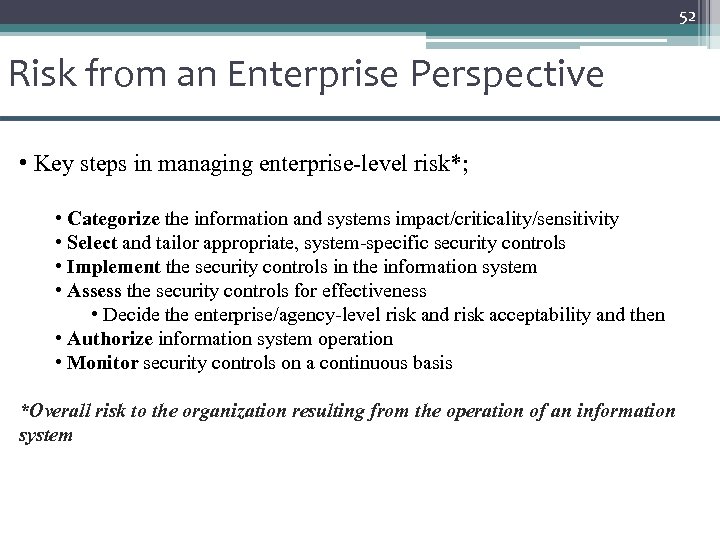 52 Risk from an Enterprise Perspective • Key steps in managing enterprise-level risk*; •