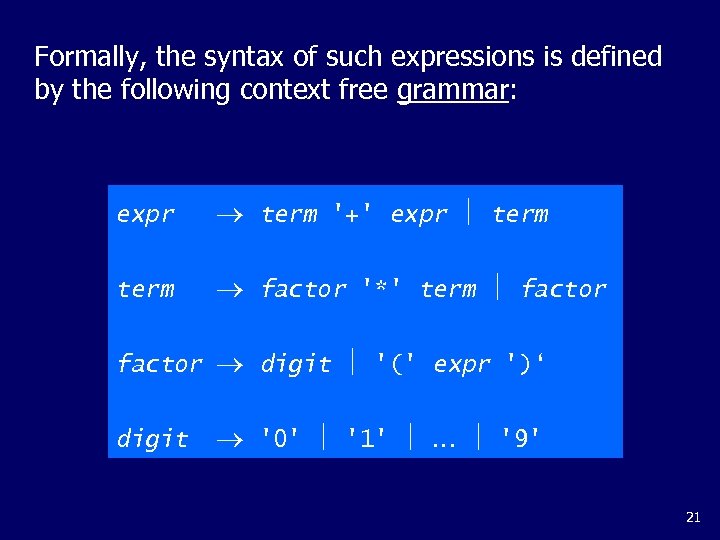 Formally, the syntax of such expressions is defined by the following context free grammar:
