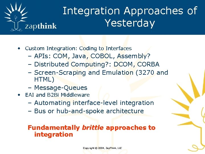 Integration Approaches of Yesterday • Custom Integration: Coding to Interfaces – APIs: COM, Java,