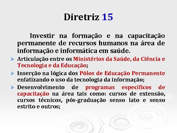 Diretriz 15 Investir na formação e na capacitação permanente de recursos humanos na área