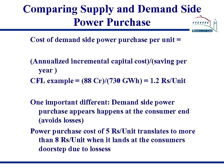 Comparing Supply and Demand Side Power Purchase Cost of demand side power purchase per