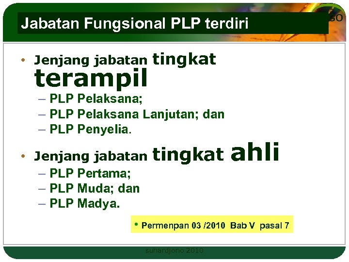 Jabatan Fungsional PLP terdiri • Jenjang jabatan terampil tingkat – PLP Pelaksana; – PLP