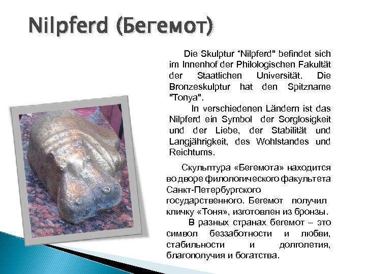 Nilpferd (Бегемот) Die Skulptur “Nilpferd" befindet sich im Innenhof der Philologischen Fakultät der Staatlichen