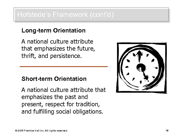 Hofstede’s Framework (cont’d) Long-term Orientation A national culture attribute that emphasizes the future, thrift,
