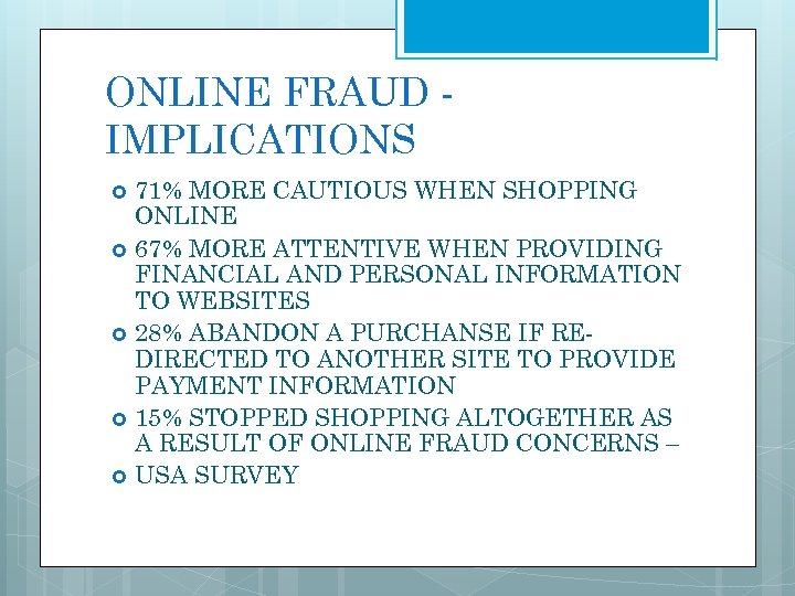 ONLINE FRAUD IMPLICATIONS 71% MORE CAUTIOUS WHEN SHOPPING ONLINE 67% MORE ATTENTIVE WHEN PROVIDING