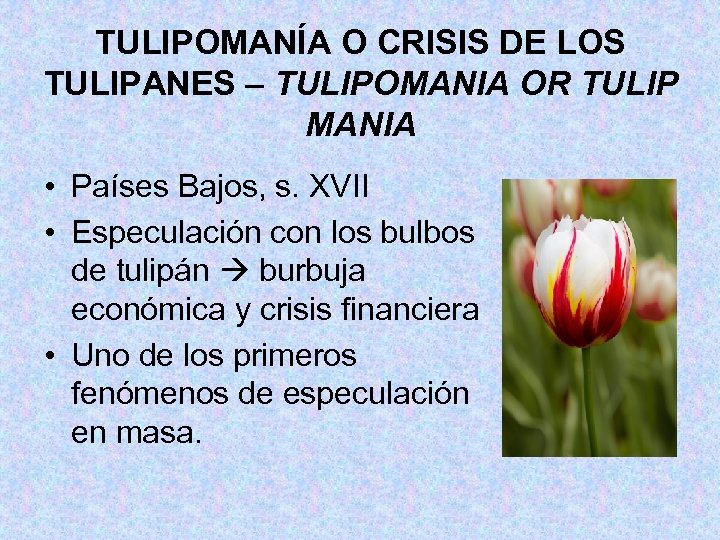 TULIPOMANÍA O CRISIS DE LOS TULIPANES – TULIPOMANIA OR TULIP MANIA • Países Bajos,