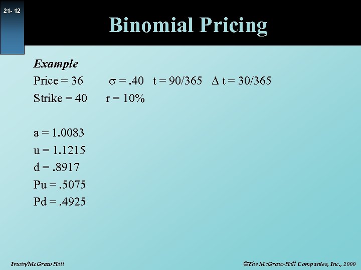 21 - 12 Binomial Pricing Example Price = 36 Strike = 40 s =.