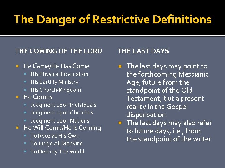 The Danger of Restrictive Definitions THE COMING OF THE LORD He Came/He Has Come