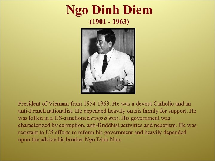 Ngo Dinh Diem (1901 - 1963) President of Vietnam from 1954 -1963. He was