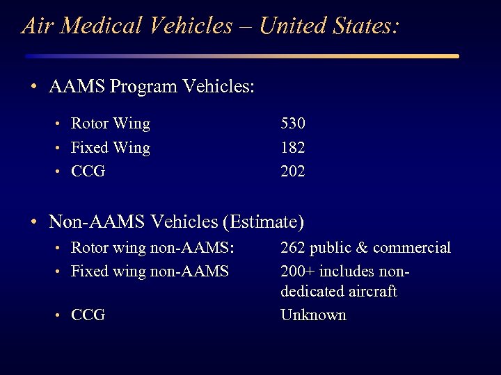 Air Medical Vehicles – United States: • AAMS Program Vehicles: • Rotor Wing •