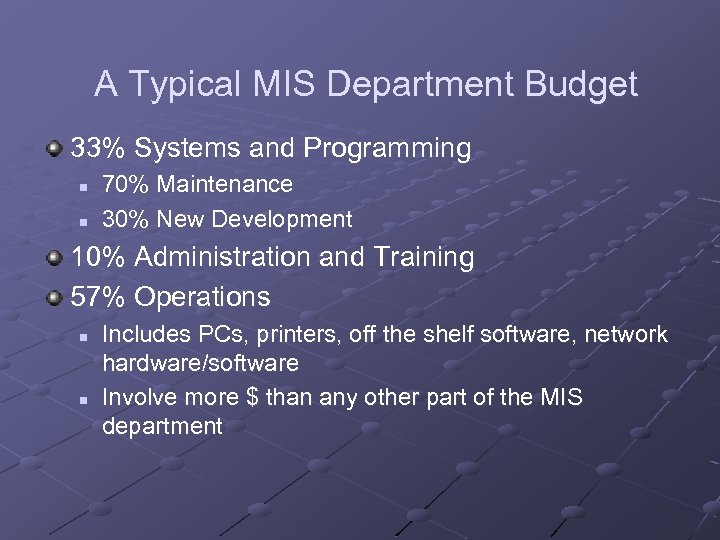 A Typical MIS Department Budget 33% Systems and Programming n n 70% Maintenance 30%