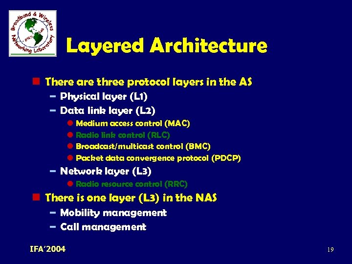 Layered Architecture n There are three protocol layers in the AS – Physical layer