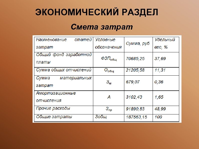 ЭКОНОМИЧЕСКИЙ РАЗДЕЛ Смета затрат 