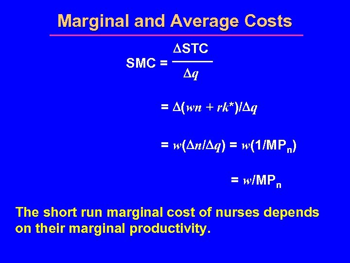 Marginal and Average Costs SMC = STC q = (wn + rk*)/ q =